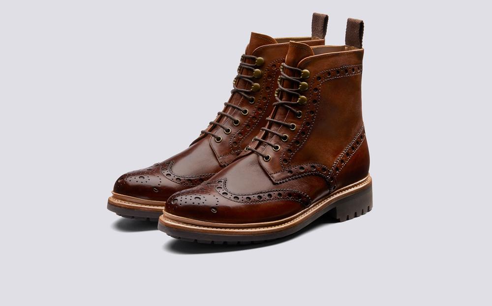 Grenson Fred Mens Brogue Boots - Brown Hand Painted Calf Leather with a Commando Sole AQ4593
